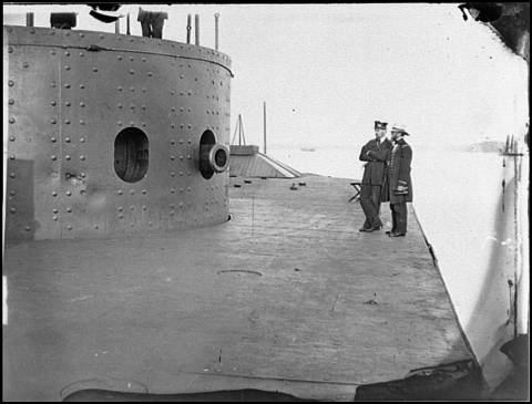 Monitor turret showing damage inflicted by CSS Virginia